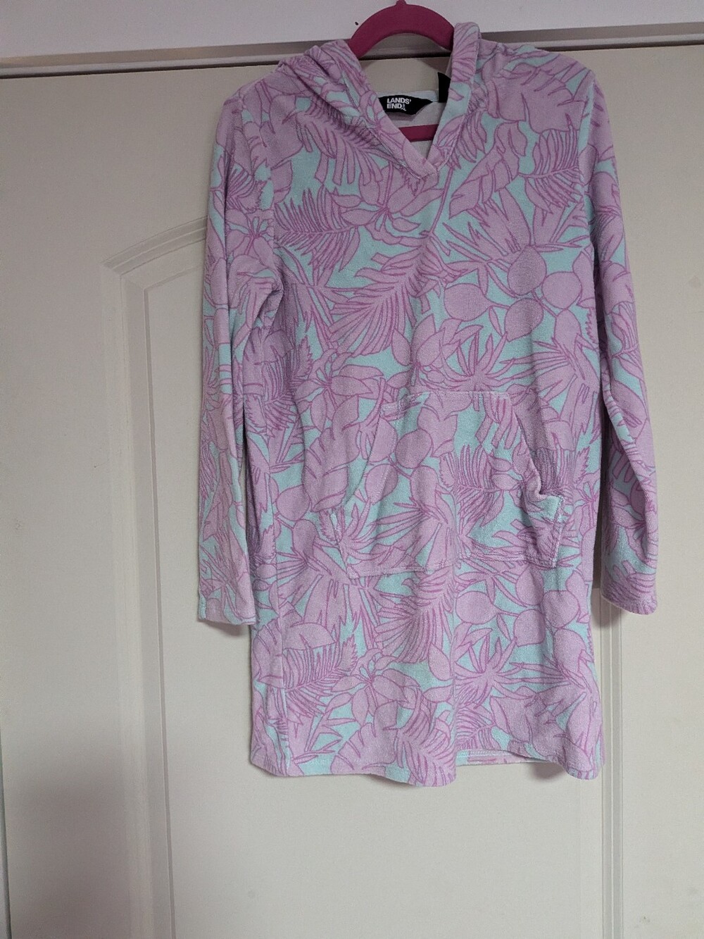 Lands End Girls Swim Cover Up Dress Terry Cloth Hooded Tropical Pink Blue Size M